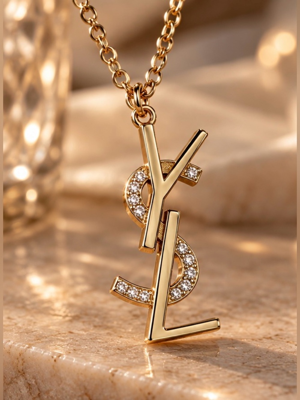 Gold Tone Crystal Y2K Logo Style Pendant Necklace Statement Jewelry